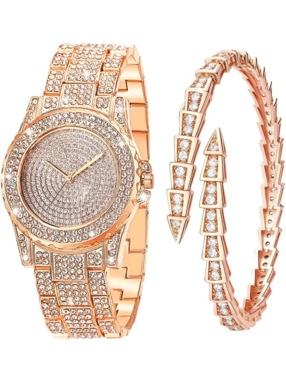 Women's Rose Gold Interior Full Diamond Bling Rhinestone Quartz Crystal Watches